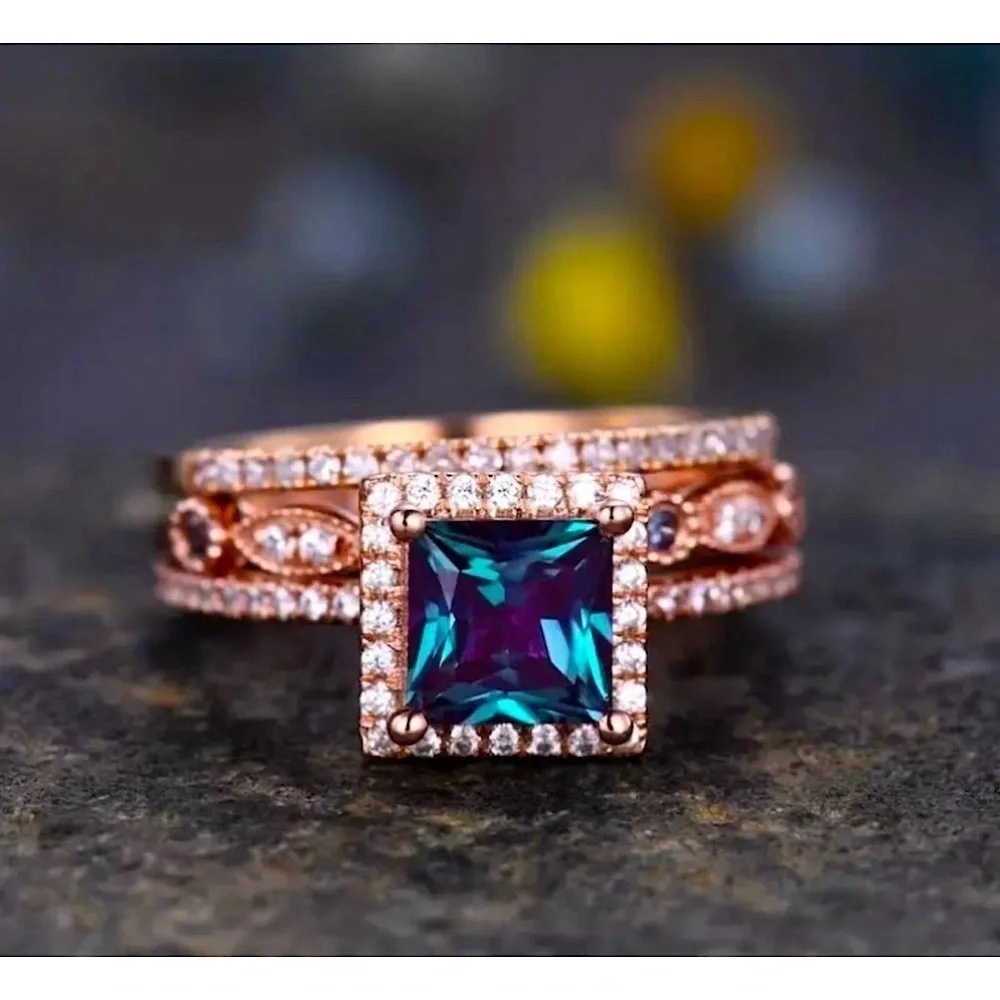 3pc Square Colorful Cubic Zirconia Ring Inlaid with Cubic Zirconia Diamonds